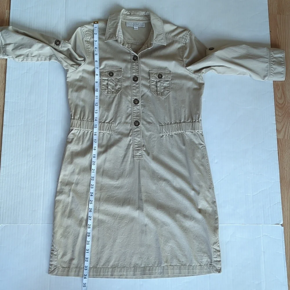 Ann Taylor Loft Khaki Safari Button Tab Sleeve Collared Dress SP Tan Pockets - Picture 16 of 16